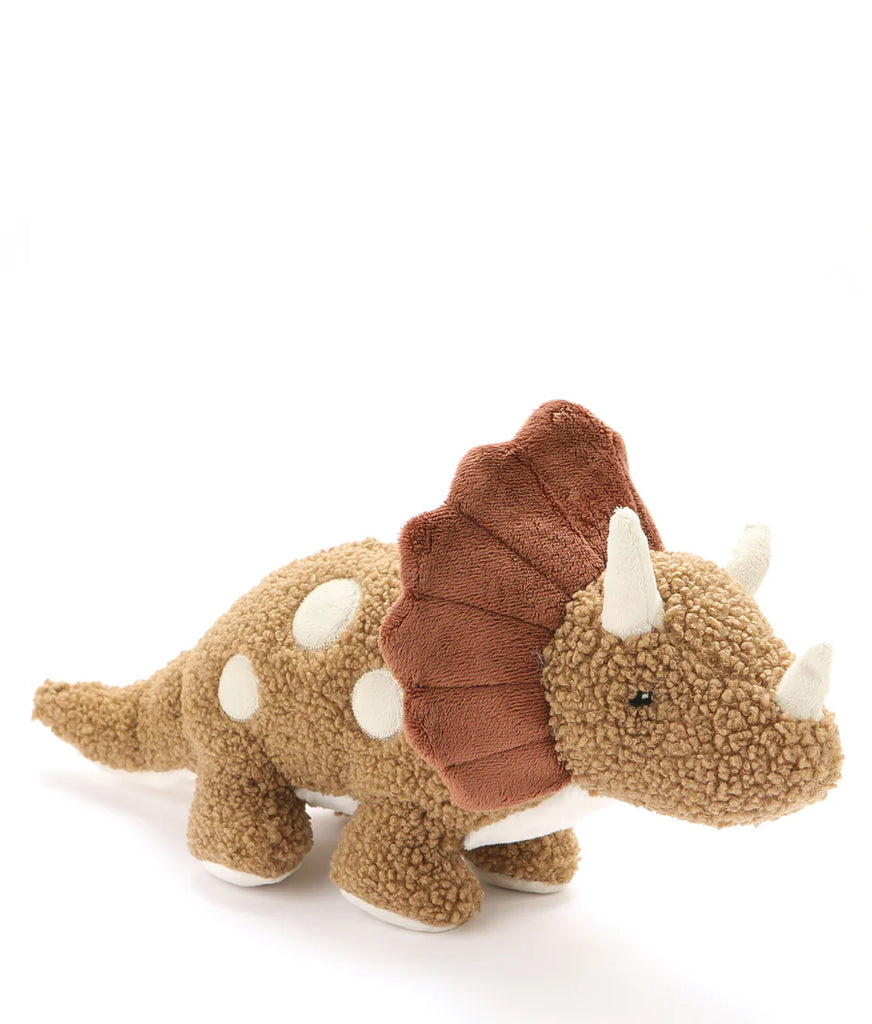 The Triceratops Dinosaur Stuffed Animal is a plush toy designed to resemble a triceratops dinosaur, measuring 40cm x 18cm. It features a light brown, textured body adorned with white spots and accents. The toy includes three white horns, a darker brown frill, and small, round eyes that enhance its cute and cuddly appearance. Suitable for all ages (0+), it can be washed in a cold gentle machine cycle.