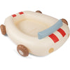 Sentence with product name: The Inflatable Car Pool is designed to look like a car, featuring a beige base, red and white stripes, and brown wheels, with a blue steering wheel in the center. Made from durable PVC for longevity.