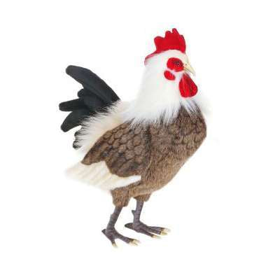 A Large Rooster Stuffed Animal stands against a white background, showcasing its red comb and wattle, white feathers around the neck, brown patterned body, and black tail feathers—its unique features are so detailed it could be mistaken for one of those realistic plush animals.