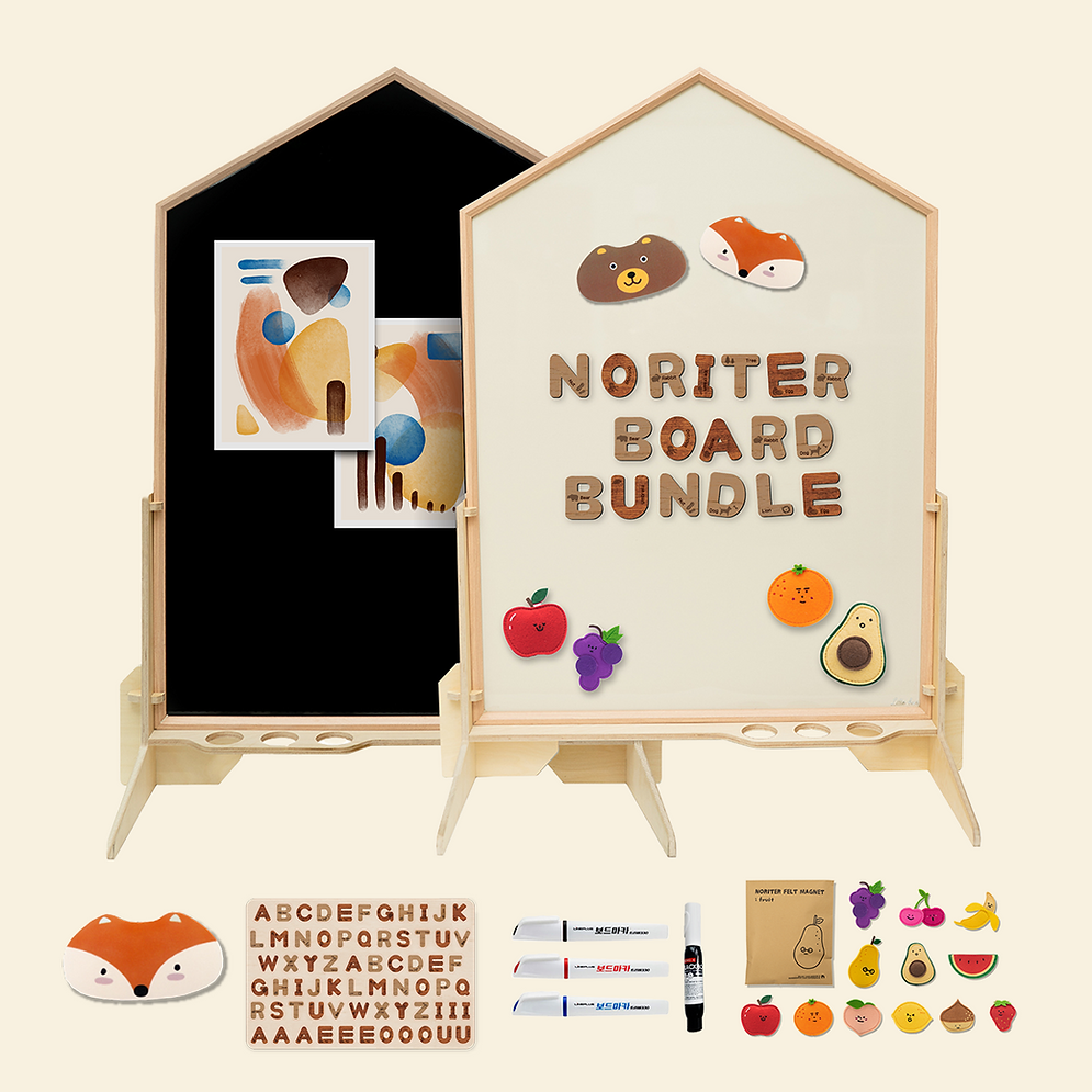 The NORITER Signature Double-Sided Board Bundle is a kids' activity set with black and ivory writing surfaces, magnetic animal and fruit shapes, letter stencils, markers, and erasers. Its charming animal designs and bright colors boost both its playful and educational appeal.