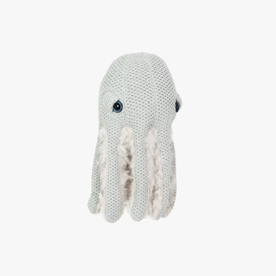 This BigStuffed Mini Grandma Octopus features a textured light gray body, two large round dark eyes, and soft, furry tentacles adorned with white and gray patterns. With its cotton-covered design, this adorable toy resembles a baby octopus against a plain white background.