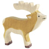 A handcrafted wooden toy stag with a light brown body, white accents on its legs, and large, curved antlers. The stag stands on four legs and has a simple, painted expression. This high-quality European toy is reminiscent of HOLZTIGER figures, ensuring both charm and durability.