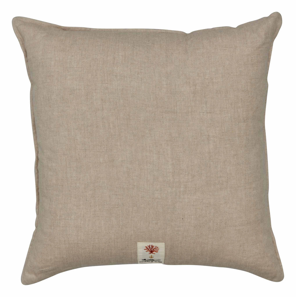 The Coral & Tusk Owl Family Tree Pillow is a square, beige throw pillow with a small white tag featuring a red tree design near the bottom center. The fabric is plain and smooth, made of 100% linen. This pillow is Oeko-Tex Standard 100 Certified, ensuring both comfort and quality.