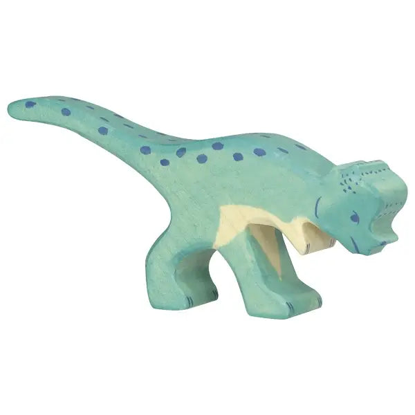 A hand-carved wooden toy dinosaur painted in light blue with dark blue spots. The Holztiger Pachycephalosaurus Dinosaur is depicted in a walking stance with its mouth open, showcasing a playful and whimsical design. This handcrafted wood piece is part of the renowned HOLZTIGER figures, proudly made in Europe.