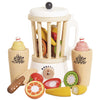 The Fruit & Smoothie Blender Set is ideal for any wooden toy kitchen, featuring sliceable fruits such as bananas, oranges, kiwis, and strawberries. It comes with two bottles labeled "Fresh Smoothies," each topped with a yellow or pink cap, and includes a small wooden knife for endless pretend play fun.