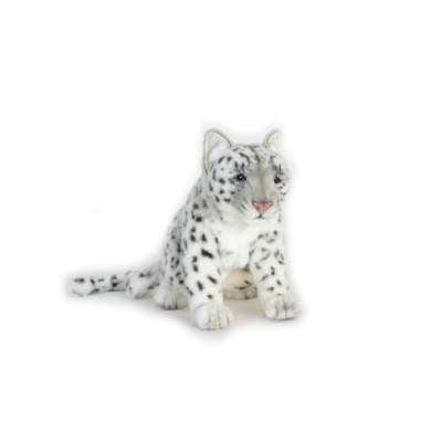 The Sitting Snow Leopard Stuffed Animal sits upright on a white background, featuring a soft white coat with black spots, a bushy tail, and a friendly expression.