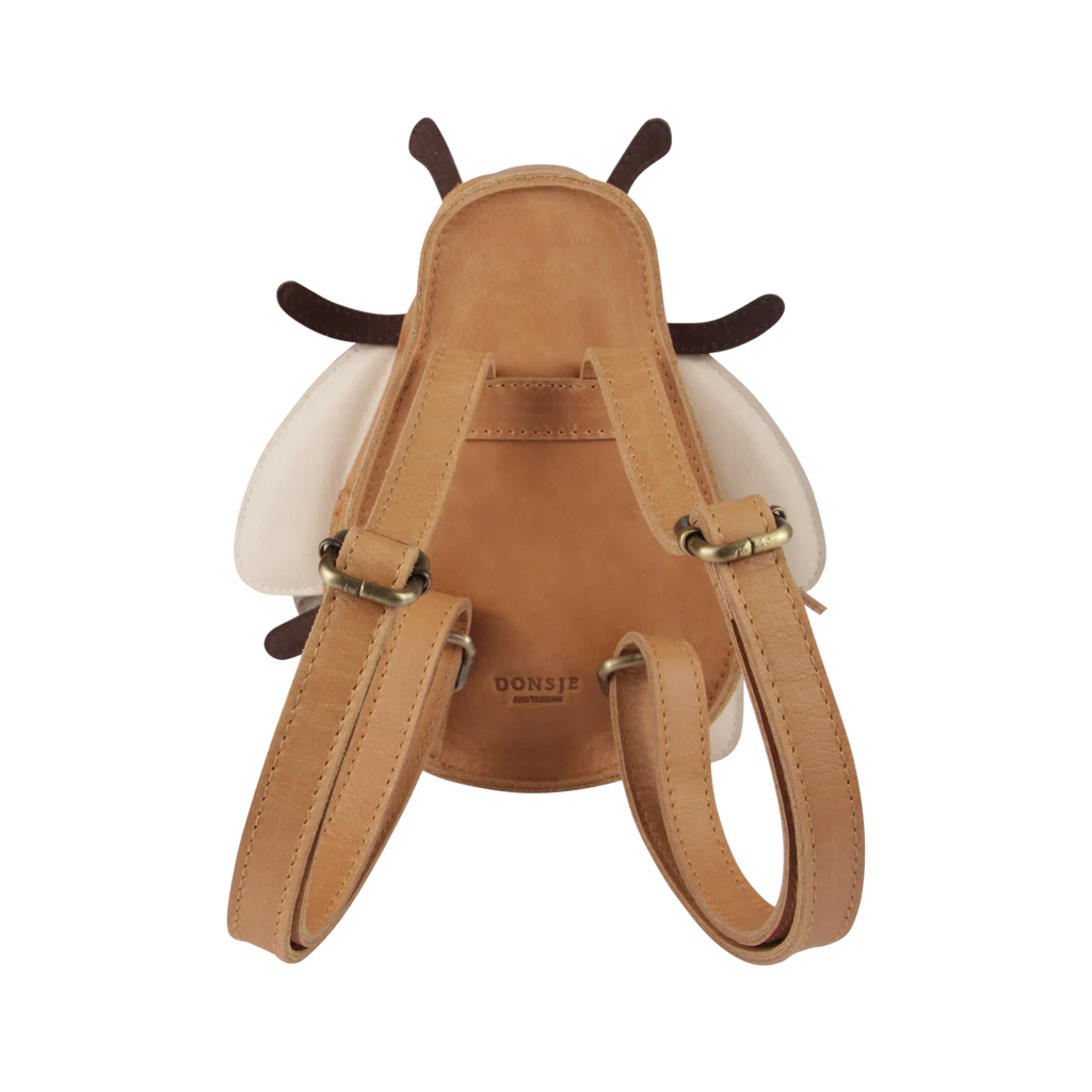 A Donsje Bee Backpack, Classic Leather designed like a cute animal with ears and straps, from donsje, displayed against a striped background.