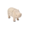 A small, light-colored wooden toy rhino with minimalistic features, including simple lines for eyes and horn, and dark details. Handcrafted from Albizia wood carvings, the rhino stands on four legs and has a slightly rough texture, emphasizing its artisanal charm.