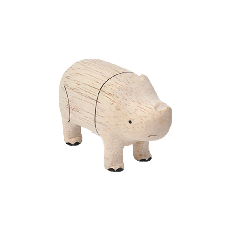 A small, light-colored wooden toy rhino with minimalistic features, including simple lines for eyes and horn, and dark details. Handcrafted from Albizia wood carvings, the rhino stands on four legs and has a slightly rough texture, emphasizing its artisanal charm.