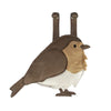 A whimsical, Donsje Woodsy Robin-shaped backpack with adjustable straps, featuring brown and cream colors, designed to look like a cute, chubby bird in a standing position.