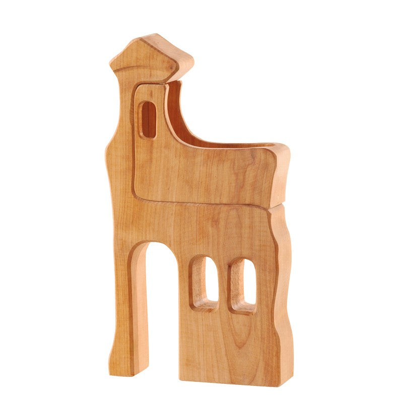 The Ostheimer Lookout - Large is a hand-crafted wooden puzzle designed to resemble a building with arched windows and a sloping, angular roof. Its pieces fit together to form a stylized, minimalist architectural structure, perfect for imaginative play.