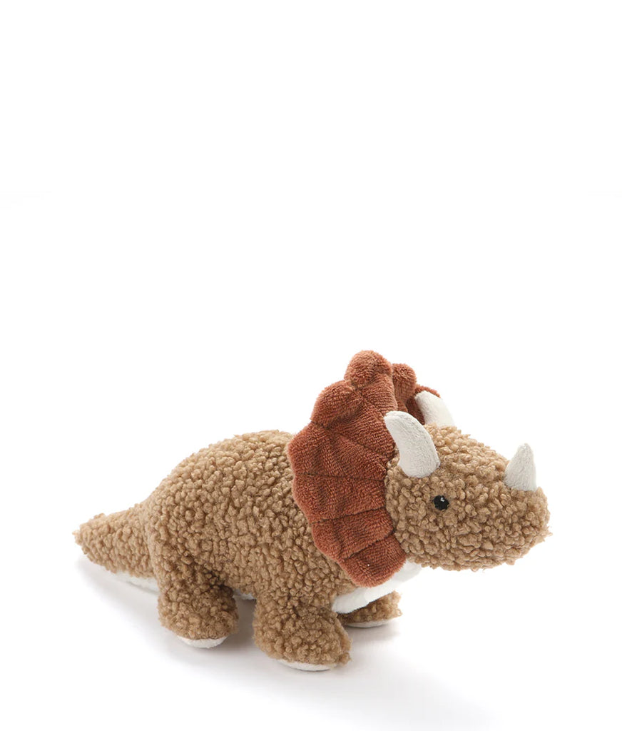 Meet the Baby Triceratops Dinosaur Stuffed Animal! This plush dinosaur toy features a light brown body, light grey horns, black eyes, and a reddish-brown frill around its neck. Crafted from textured, curly fabric, it's ideal for cuddles and perfect for infants. Posed on a white background, it’s ready to charm!