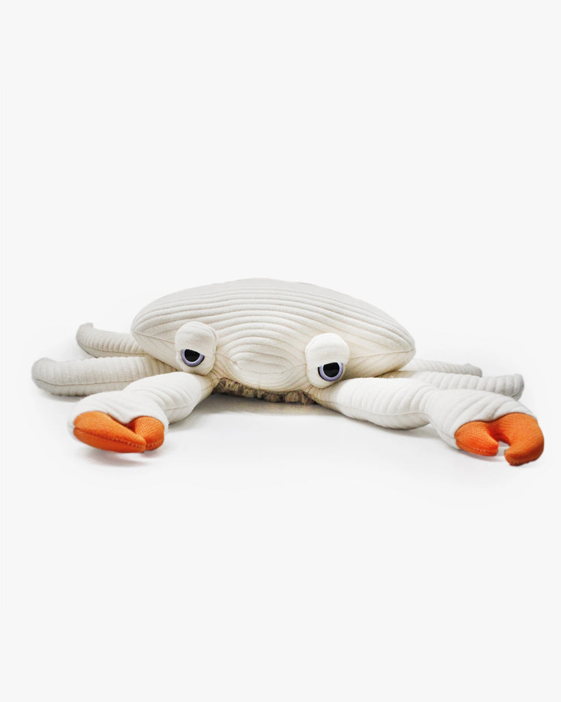 The BigStuffed Mini Crab - Sir plush toy is designed to resemble a white crab with textured fabric. It features large round eyes on top of its body and orange tips on its front claws, giving it a playful and whimsical appearance perfect for newborns. The background is plain white.