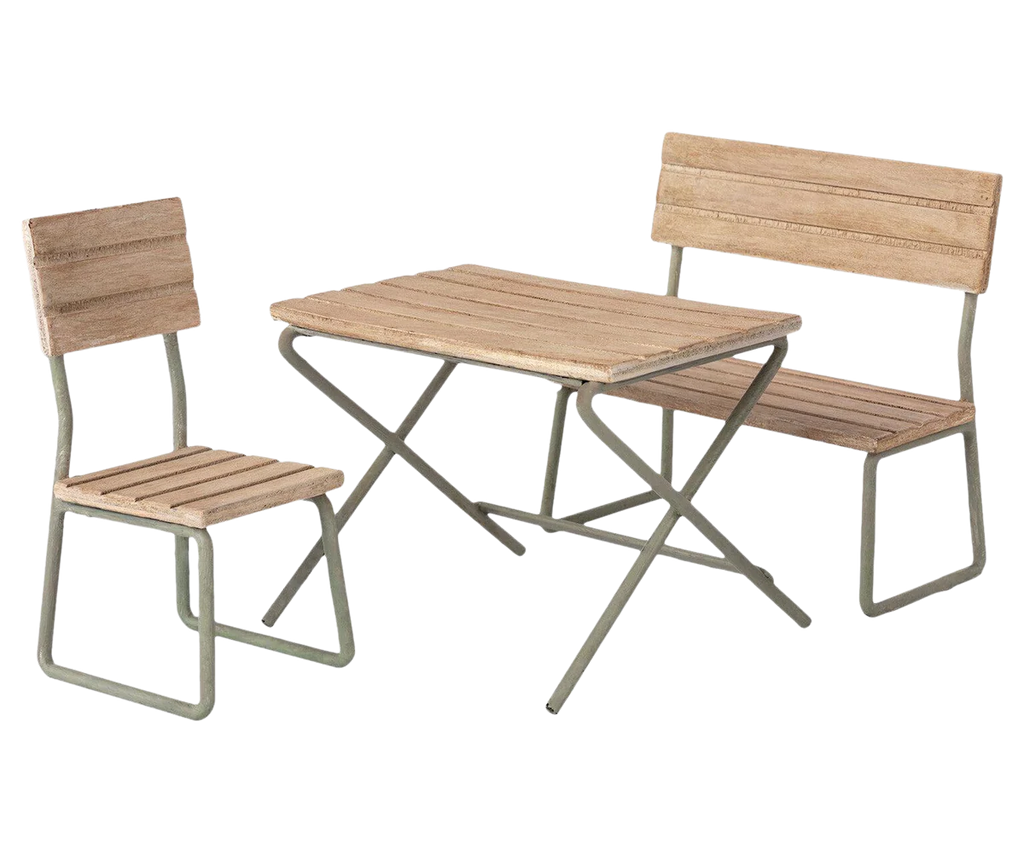 Maileg | Miniature Garden Table Set with FSC certified metal frames and wooden slats, including a rectangular table, a bench with a backrest, and an armless chair. The design is simplistic and modern, using responsibly sourced wood, making it suitable for outdoor use.