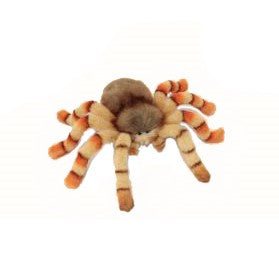 A unique Jumping Spider Stuffed Animal with a brown and tan body and orange and black striped legs. The hand-sewn animal has a fuzzy texture and eight legs, arranged around its round body.