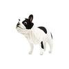 A small black and white dog, possibly a French Bulldog, is standing upright, facing slightly to the right. The dog has a noticeable black patch over its eye and is wearing a white garment that covers its body. This unique handcrafted French Bulldog Stuffed Animal features realistic plush details against a plain white background.