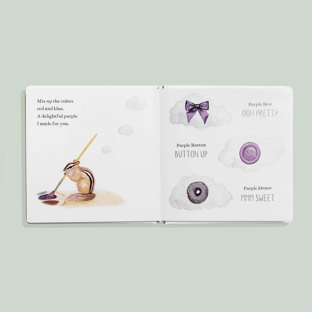 Open board book Wishy Washy: A Board Book of First Words and Colors with illustrations of a peanut painting, a purple bow, a button, and a donut. Text supports toddler education by describing mixing colors and labels each drawing with playful descriptors for speech development.