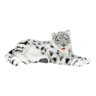 A Snow Leopard Stuffed Animal, hand sewn with care, is lying down with its legs extended forward and head turned slightly to the side. The toy has white fur with black spots, lifelike facial features, and a small pink tongue sticking out, showcasing its unique personality against the white background.