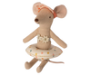 The Maileg Tube, Small Mouse - Multi Dot features a small plush mouse toy adorned with a floral headband and a polka dot inner tube around its waist, making it look swim-ready. This adorable mouse has an embroidered face with a pointed nose and is accessorized with a decorative bow around its chest.