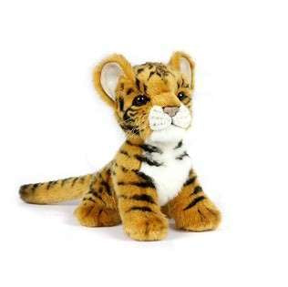 A unique stuffed animal, the Tiger Cub Stuffed Animal features a light brown and orange coat, black stripes, and a white belly, sitting upright. The toy has a cute, friendly face with large eyes and small ears.