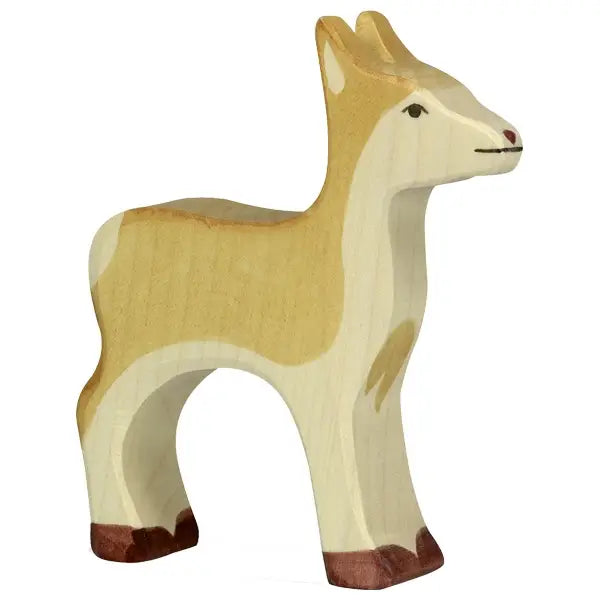 A Holztiger Deer, painted in natural tones of beige, cream, and brown. The deer is depicted in a simple, minimalist style with smooth edges and a friendly expression. Handcrafted wood toys like this one showcase the craftsmanship by highlighting the grain of the wood. Made in Europe.