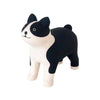 A handcrafted Boston Terrier wooden toy figure with an alert expression, standing isolated on a white background.