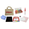 The Kitpas Creative Crayon Bag for Little Artists is a collection of art supplies designed for creative painting adventures, featuring colorful crayons, a white marker, a small chalkboard, an eraser, cloths, drawing papers, and a beige tote bag with "Kitpas" printed on it—all meticulously handcrafted by talented craftswomen and elegantly displayed on a white background.