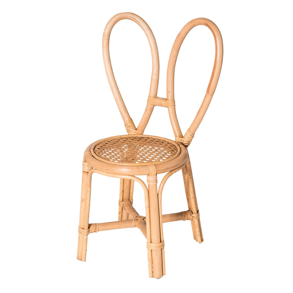 A Toddler Rattan Bunny Chair with an oval backrest and woven seat, isolated on a white background, exemplifies environmentally responsible furniture.