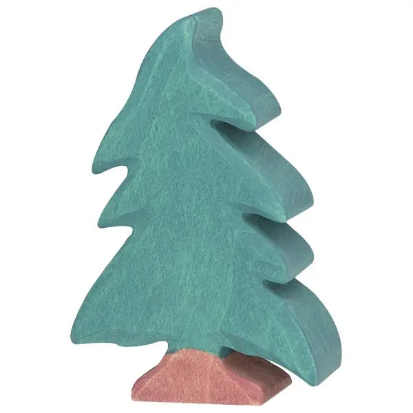 A simple, 3D wooden Holztiger Conifer Tree in green color with a light brown base, mimicking the appearance of a fir tree. Made in Europe and featuring smooth edges and a minimalistic design, this handcrafted wood toy is reminiscent of HOLZTIGER figures.