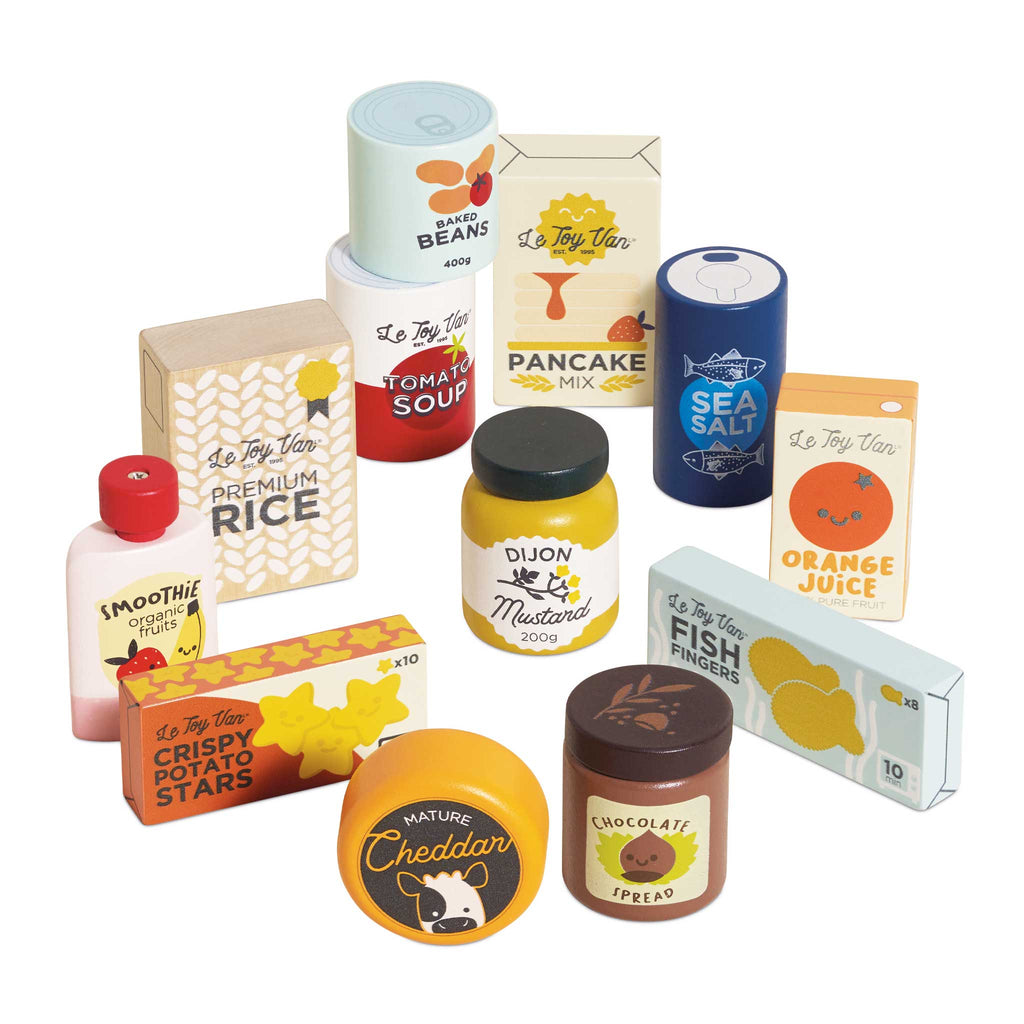 The Pretend Play Grocery Set offers colorful toy food packages like tomato soup, rice, pancake mix, orange juice, and fish fingers. With playful designs from "Le Toy Van," it's perfect for role play, enhancing cognitive skills through imaginative fun.