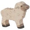 A small, handcrafted Holztiger Lamb, with a simplistic design. Made in Europe, the lamb is painted in a natural wood tone with a light brown face and legs. It has black minimalistic features for eyes and mouth, along with curved lines across its body to represent wool, reminiscent of HOLZTIGER figures.