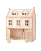 The PlanToys Victorian Dollhouse is a meticulously crafted, eco-friendly wooden dollhouse featuring two floors and an open-front design. It showcases visible staircases, numerous windows, and a shingled roof that invites customization. The open front provides a clear view of the interior and structural layout.