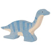 A handcrafted wooden Holztiger Plesiosaurus Dinosaur from the HOLZTIGER figures collection painted in light blue with a light beige belly and stripes along the back. Made in Europe, this long-necked dinosaur stands on four legs in a slightly curved position, showcasing its intricate details.