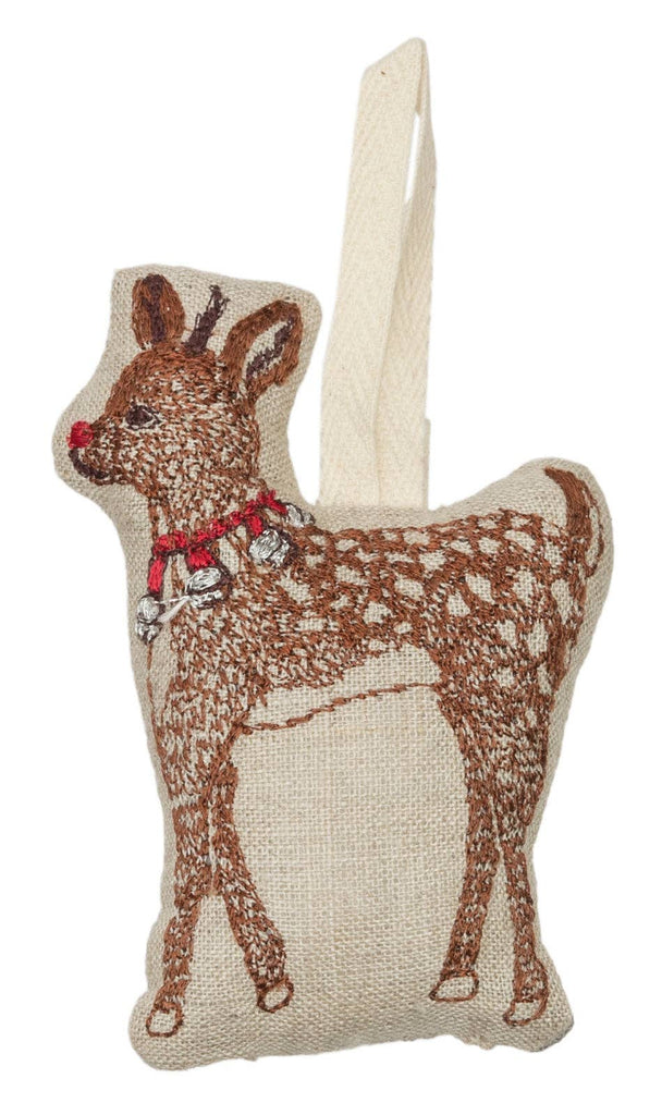 The Rudolph Ornament is a festive fabric decoration shaped like a reindeer, featuring a brown embroidered body with white spots and a bright red nose. It is adorned with a small red collar with silver bells and includes an easy-to-use loop for hanging on your Christmas tree.