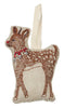 The Rudolph Ornament is a festive fabric decoration shaped like a reindeer, featuring a brown embroidered body with white spots and a bright red nose. It is adorned with a small red collar with silver bells and includes an easy-to-use loop for hanging on your Christmas tree.