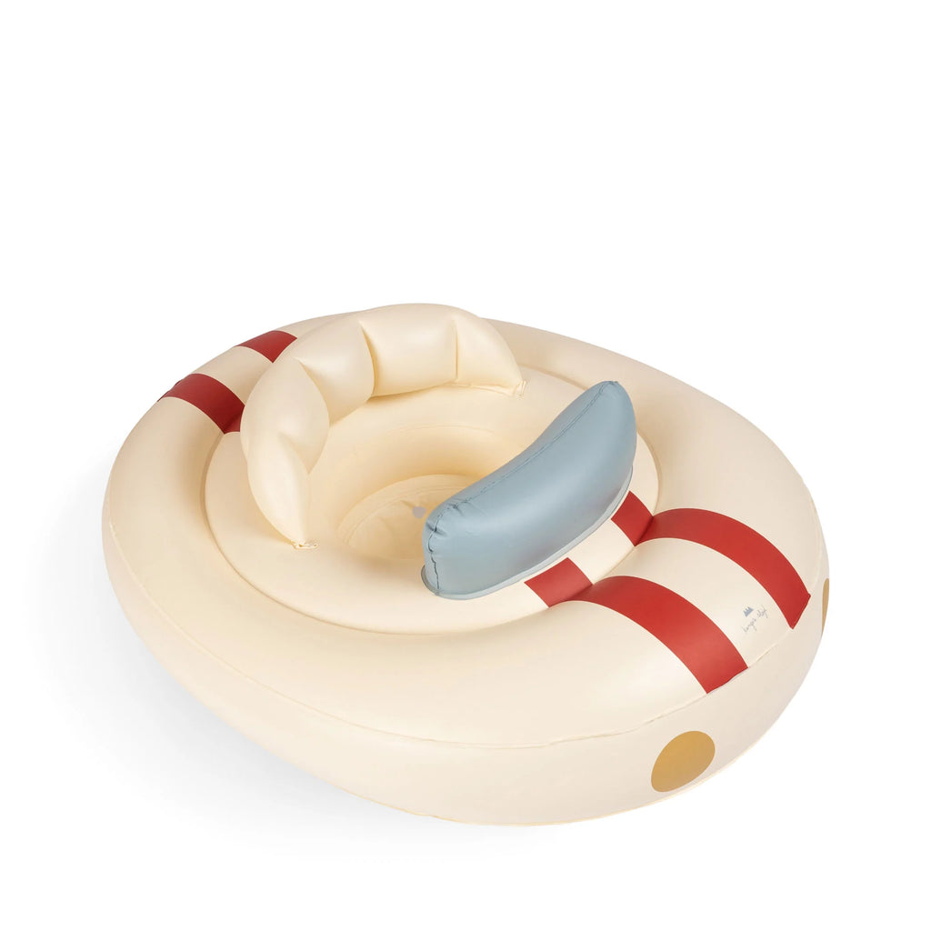 A beige Inflatable Baby Swim Ring - Car with red stripes and a gray backrest. Made from durable PVC, the swim ring features a rounded shape and a seating area with an adjustable backrest for comfort. Suitable for floating and relaxing on water.