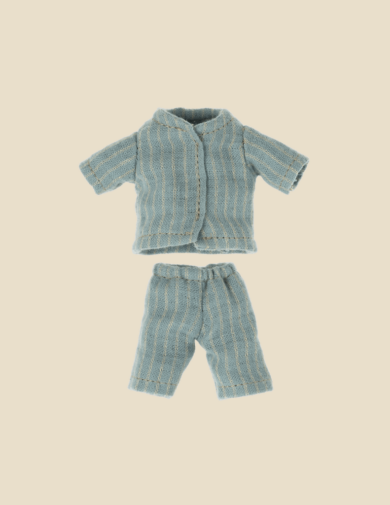 The Maileg Extra Clothing: Pyjamas For Big Sister and Big Brother Mouse is a small, knitted pajama set perfect for a cosy pyjama party with Big Brother Mouse or Big Sister Mouse. The set includes a light blue long-sleeved top and matching pants, both adorned with thin beige stripes against a plain light beige background, making it the ideal choice for any doll or toy.