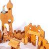 Introducing the Ostheimer Daughter of the Castle, a wooden toy castle set handcrafted from natural, unpainted wood. This enchanting playset includes various structures such as towers, walls, and a gate. It features charming little wooden figures resembling toy characters like knights or soldiers, perfect for sparking imaginative play in a traditional style reminiscent of classic Ostheimer toys.