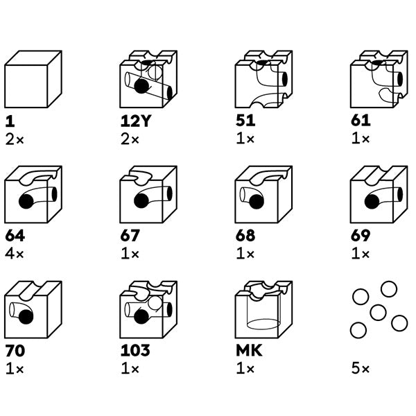 A graphic showing step-by-step assembly of a Cuboro Tunnel Marble Run Extra Set from a flat pack, designed for fine motor skills training. Each step is numbered and parts are labeled. The instructions include different pictorial stages and components.