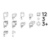 Illustration of various package and product components of a Cuboro Magnet Marble Run Extra Set including cubic shapes, cylinders, and spheres, labeled with alphanumeric codes and quantities, along with a "12 3+" label indicating age.