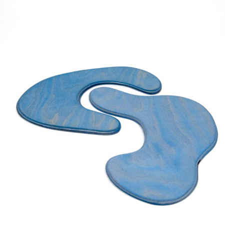 Two blue, abstract-shaped objects on a white background. Each object has a smooth, curved outline with a marbled pattern, resembling modern art pieces or unique accessories. They evoke the charm of handcrafted wooden toys, sparking imaginative play much like Ostheimer Pond Plates - Set of 2.