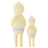 Two Cuddle + Kind Duckling dolls with a simplistic design in beige and blue colors, depicted from the back. The larger doll has textured yellow hair, and both feature long limb extensions.