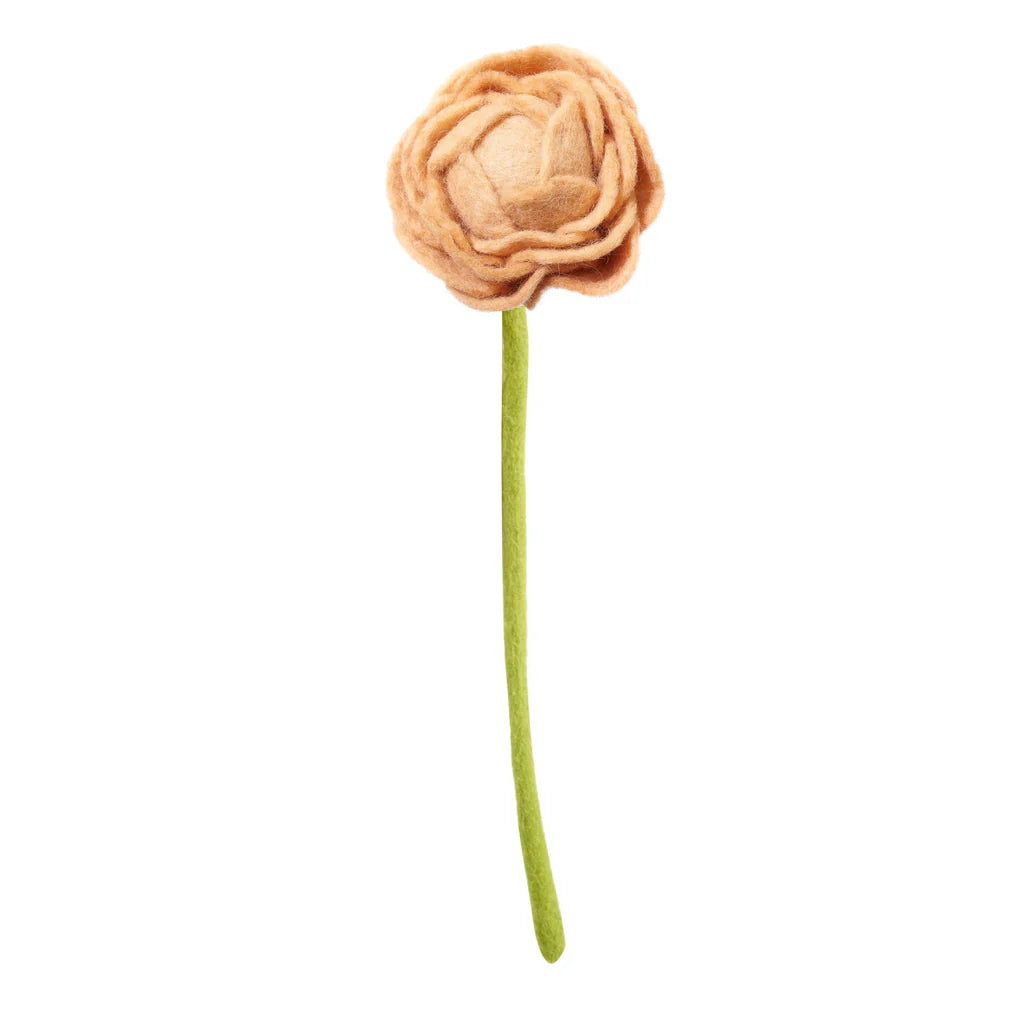 A Basket of Felt Flowers features a handmade, eco-friendly felt flower with peach-colored petals and a green stem, beautifully displayed against a white background. The meticulously layered petals resemble a blooming rose, reflecting the artistry and commitment to fair wages in handmade flowers.