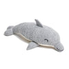 A beautifully crafted Knit Alpaca Dolphin from Peru rests elegantly on a white surface, featuring a gray body with closed eyes and a subtle curve that showcases its tail and dorsal fin.