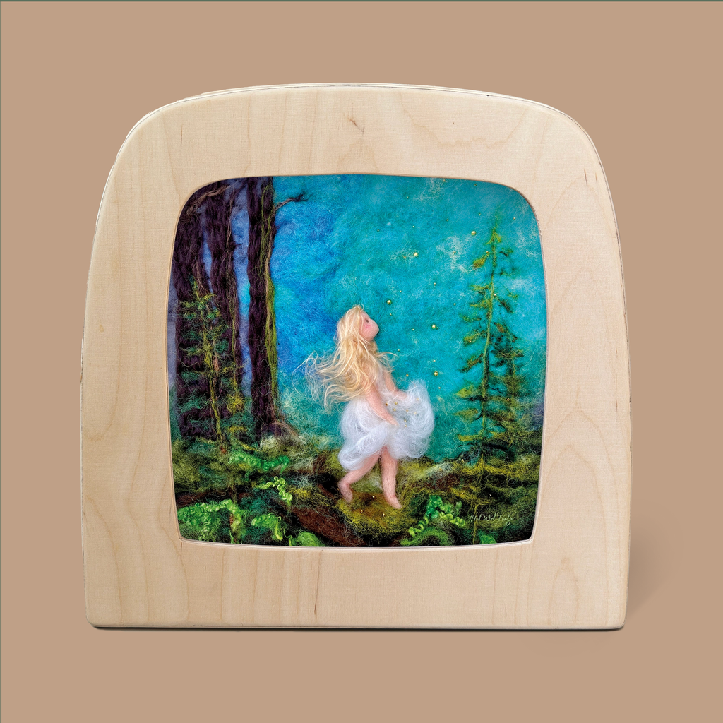 Introducing "Silhouette Only - Star Money for Toverlux Lamp," a captivating piece of art that adds a touch of elegance to home decor. This framed portrayal features a fairy-like figure with long blonde hair and a flowing white dress, set amidst an enchanting forest. Surrounded by towering trees, the artwork is illuminated by a glowing blue-green sky filled with magical fireflies, all beautifully encased in a light wooden frame.