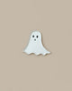 A small, white Meri Meri Reusable Bamboo Ghost Plate with two black eyes and an open mouth against a beige background, perfect for Halloween parties.