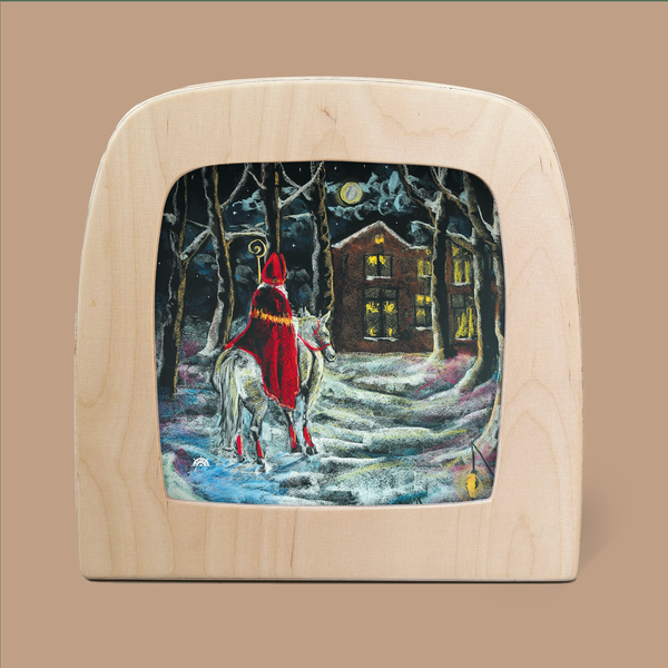 Encased in a wooden frame, this artwork features a figure in a red cloak riding a white horse through a snowy forest under the magical glow of the Silhouette Only - Bright December Moon for Toverlux Lamp. The moonlight animates enchanting silhouettes, revealing Kapitein Kalk's warmly lit cabin nestled beneath the star-studded sky.