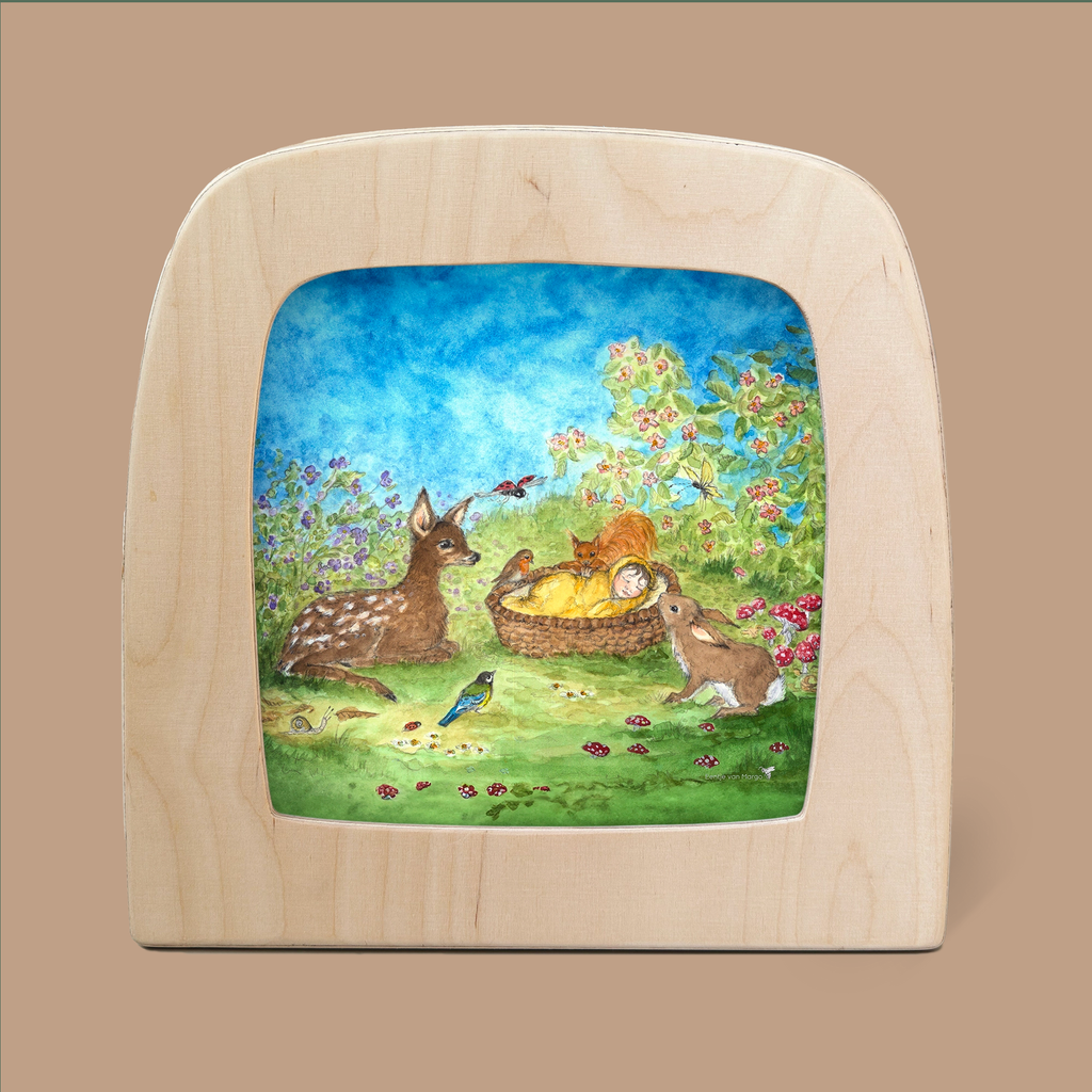 The Silhouette Only - Forest Slumber for Toverlux Lamp beautifully frames a vibrant scene of a sleeping baby in a basket, surrounded by enchanting silhouettes of a fawn, rabbit, alongside various birds and butterflies. Set in a lush garden-like atmosphere adorned with vibrant flowers, this design captures the essence of serene slumber amidst the tranquility of nature.