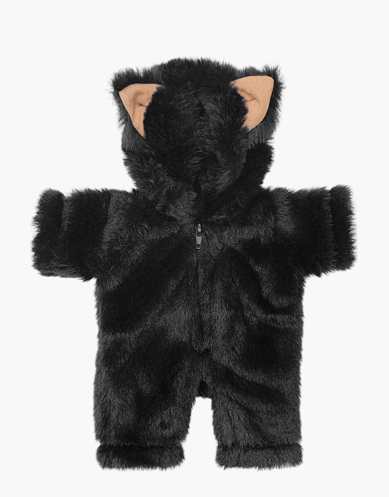 Introducing the Minikane Doll Clothing | Black Faux Fur Costume: a charming faux fur rabbit jumpsuit in black, complete with a hood featuring adorable attached bear ears. This outfit is perfect for Minikane babies, featuring long sleeves and legs, along with a convenient front zipper closure, making it ideal for infants or toddlers.