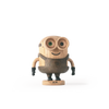 A whimsical wooden robot toy named Boyhood Minion Bob, with round green eyes and metal limbs, stands against a white background with black horizontal stripes.